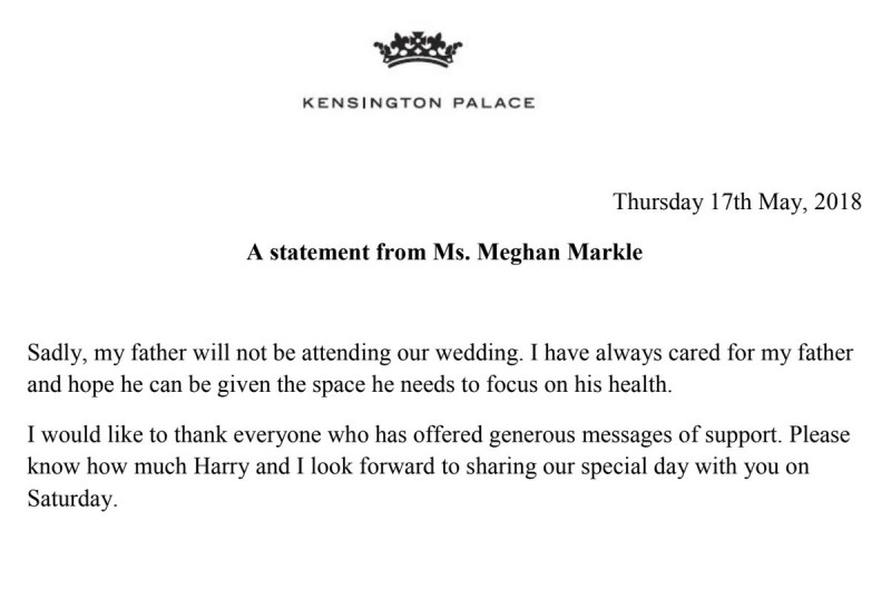 Meghan Markles Statement Following Mr Markle's Heart Operation